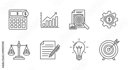 A collection of icons representing various aspects of business and finance.