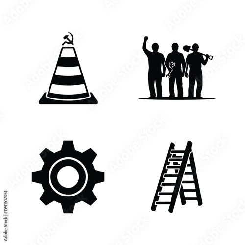 Construction workers with tools and industrial icons in black