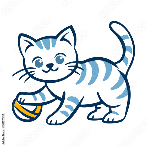 Playful american shorthair kitten with yellow ball, bright cartoon illustration style. Adorable american shorthair kitten displays happy pet characteristics.