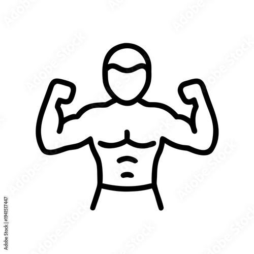 Minimalist line icon depicting a muscular boxer with well defined arms and chest. This simple graphic represents strength, fitness, and male physique.