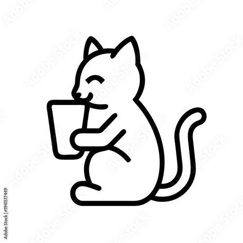 Outline illustration shows happy cat drinking milk from cup, cartoon feline character enjoys refreshing beverage, cat drinking milk with contented expression. Graphic symbol for pet branding.