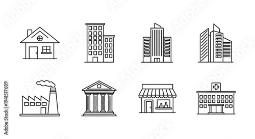 A collection of various building types and structures in a simple line drawing style
