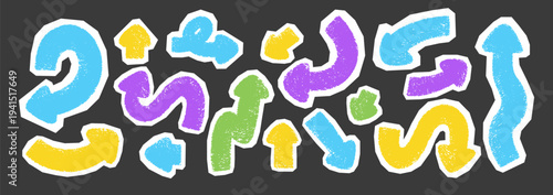 Hand-drawn arrow doodles in pastel crayon texture. Cute collage of bold vector shapes with thick chalk lines and playful scribbles. Vector illustration.