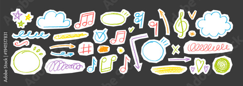 Sketched music elements with heart symbols and lightning strikes. Punk rock icons drawn in crayon and marker style. Vector illustration.