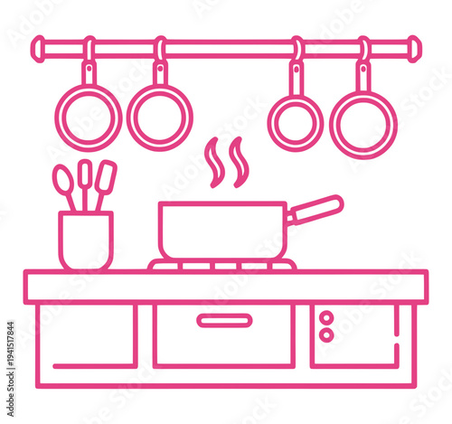 Pink Outline Kitchen Stove With Hanging Pots UI Icon for App UI
