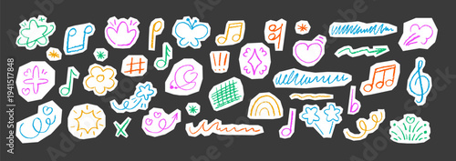 Sketched music elements with heart symbols and lightning strikes. Punk rock icons drawn in crayon and marker style. Vector illustration.