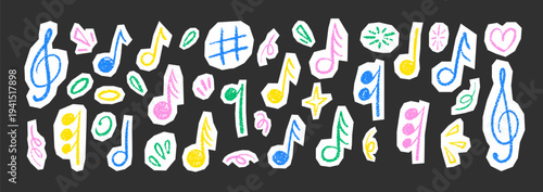 Hand-drawn music notes and hearts in pastel crayon doodle style. Cute sticker elements for collage, scrapbook. Color vector illustration.