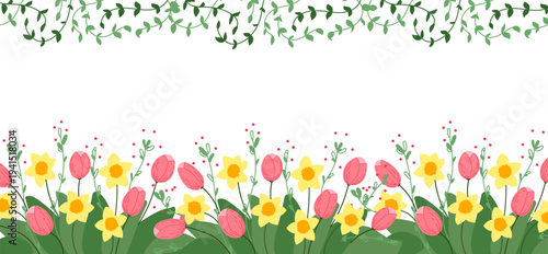Tulips and daffodils flower horizontal border in flat cartoon  design. Spring seasonal decoration with tulip and narcissus blossoms, delicate ornament for banner or greeting card. Vector illustration