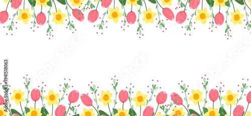 Tulips and daffodils flower horizontal border in flat cartoon  design. Spring seasonal decoration with tulip and narcissus blossoms, delicate ornament for banner or greeting card. Vector illustration