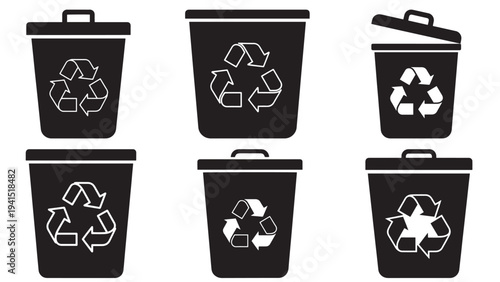 Recycling And Waste Bin Icons Set With Variations For Sorting And Collection — Black Solid Container Symbols Isolated On White