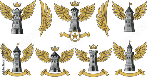 Medieval castle tower crest vector set featuring heraldic fortress emblems with golden wings crowns stars and blank ribbons.