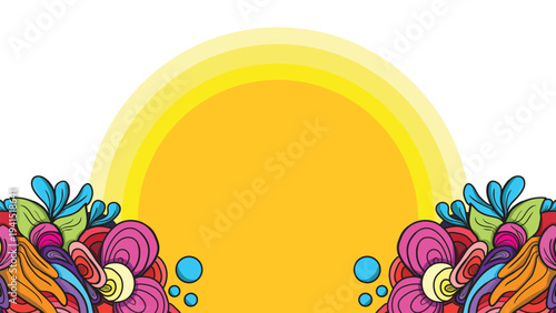 Background of rising sun and colorful plants in serene nature scene. Perfect for designs needing peaceful, vibrant nature elements.