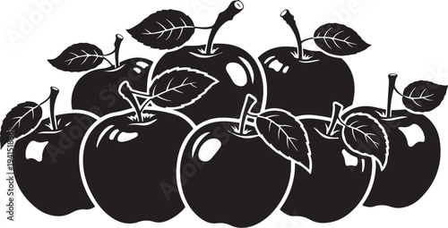 Black apples with leaves illustration on white background