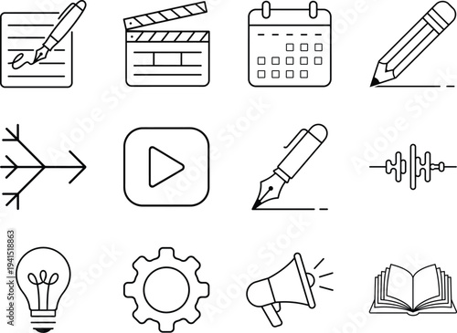 Universal business and education line icon set for content creation and marketing strategy.