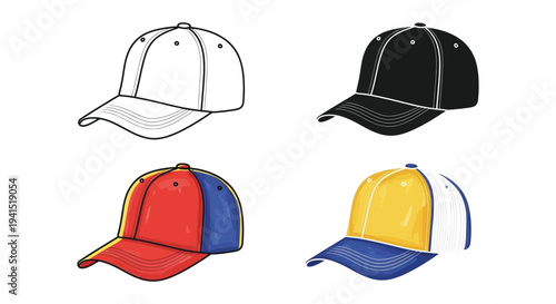 Collection of four distinct baseball cap vector illustrations showing different styles and colors