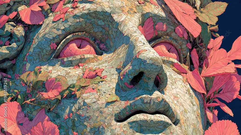 Naklejka premium Ancient stone face with pink butterflies and flowers in surreal art style