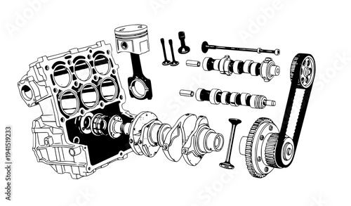 Automobile engine internal parts diagram piston crankshaft camshaft vector