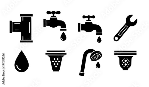 Plumbing silhouette icons set pipes faucet valve water system