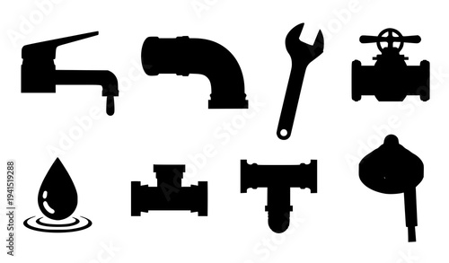 Plumbing service flat icons pipes faucet valve and water system