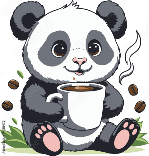 Cute panda drinking coffee from mug while sitting relaxed, cartoon vector mascot, bold thick black outline, minimal line art sticker, white background 1
