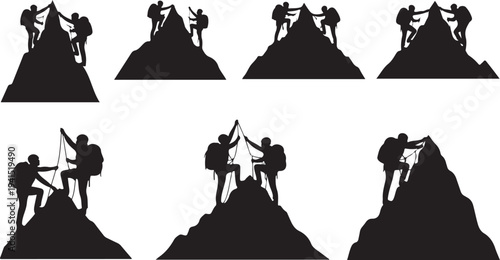 Silhouettes of people climbing mountains together in teamwork spirit
