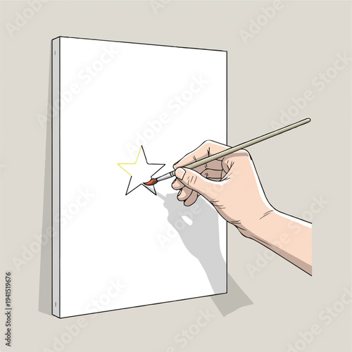 Creative hand painting a yellow star outline on a blank white canvas with a paintbrush, symbolizing artistic creation and potential, vector illustration