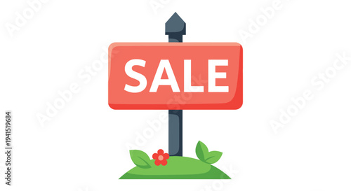 Vibrant vector illustration of a red 'SALE' sign on a post with grass and flower