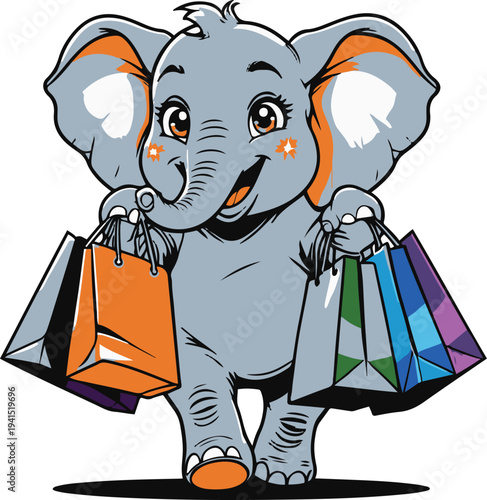  Elephant carrying shopping bags happily after shopping, cartoon vector mascot, bold thick black outline, sticker style, white background