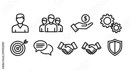 Diverse icons representing various aspects of business and teamwork