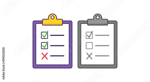 Two vector clipboard illustrations showing task completion status with checkmarks and crosses clearly marked