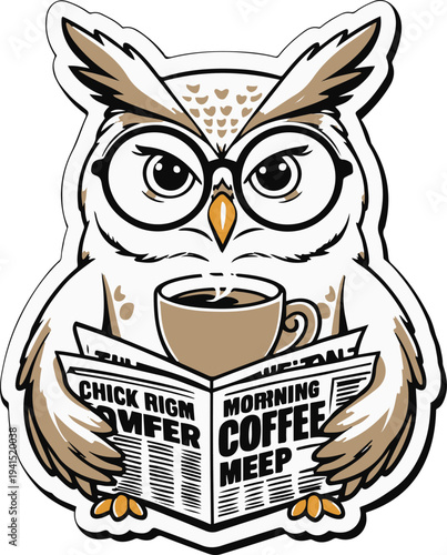 Owl drinking morning coffee while reading newspaper, cartoon vector mascot, bold thick black outline, sticker design, white background 1