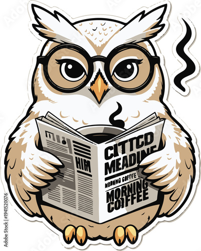 Owl drinking morning coffee while reading newspaper, cartoon vector mascot, bold thick black outline, sticker design, white background
