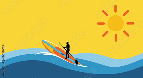 Person Paddleboarding on Blue Ocean Waves Under a Bright Sunny Sky, Summer Recreation