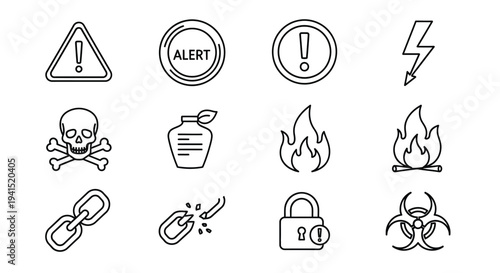 Collection of various warning and hazard symbols used in safety signs