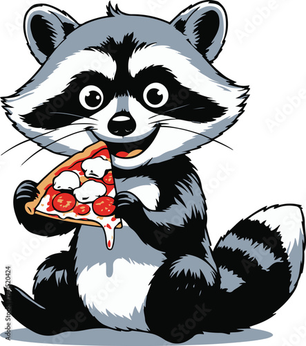 Raccoon eating pizza slice happily, cartoon vector mascot, bold thick black outline, vector sticker style, white background