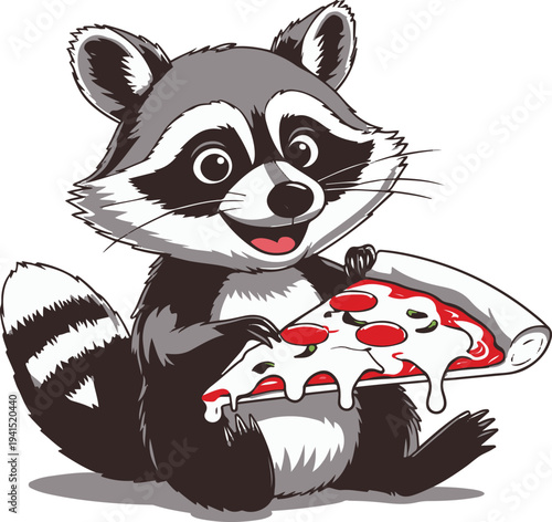 Raccoon eating pizza slice happily, cartoon vector mascot, bold thick black outline, vector sticker style, white background 1