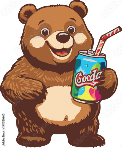 Bear drinking soda with straw, cartoon vector mascot, bold thick black outline, vector sticker illustration, white background