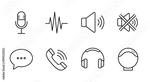 Icons representing various aspects of audio communication and technology
