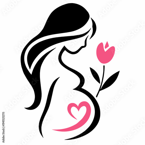 Elegant pregnant woman silhouette with a tulip flower and heart shaped belly detail. Stylish maternity vector illustration expressing motherhood, growth, expectation and prenatal love.
