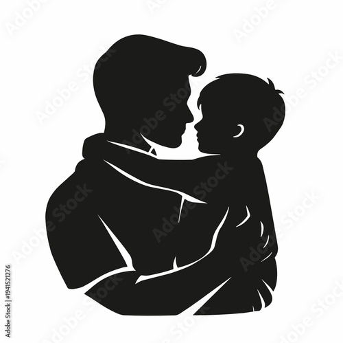 Black silhouette of a father holding a toddler close to his shoulder, illustrating paternal care, security, attachment and loving family support in minimalist vector art.