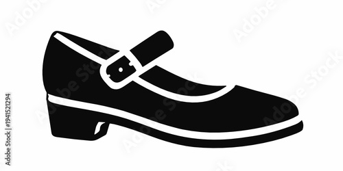 Black silhouette of a mary jane shoe with buckle strap, rounded toe and low block heel. Classic footwear icon for school style, retro fashion, uniform apparel and retail catalog.