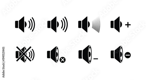 Essential vector graphic illustration of speaker and audio volume control icons set for modern digital interfaces.