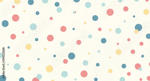 A cheerful and whimsical scattering of pastel polka dots across a creamy white background, creating a playful and serene visual pattern