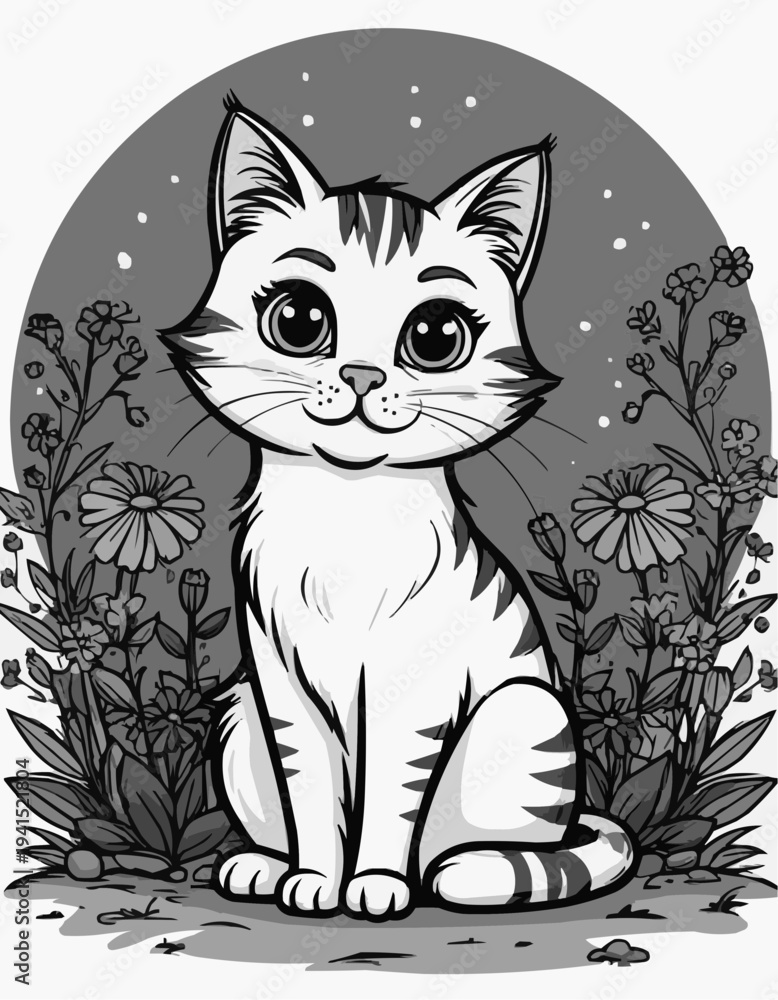 Fototapeta premium Cute cartoon cat sitting among flowers in black and white design 