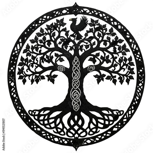 Intricate black tree cutout with roots, leaves, and a rooster atop  