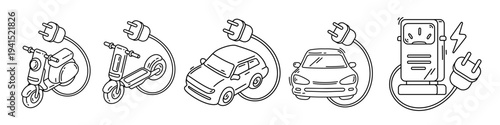 Electric vehicle hand drawn line art set with e-car, scooter and charging station. Minimalist vector of eco transport with plug and power cable. Ecological icons for green energy and mobility city