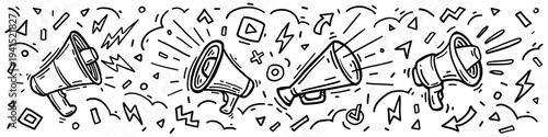 Hand drawn megaphone and loudspeaker composition in line art with sound waves and lightning bolts. Vector various broadcasting symbols for digital marketing, mass media and information flow overload