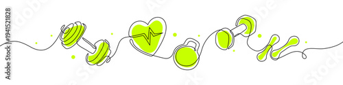 Heart health and fitness continuous line art with barbell, kettlebell and heartbeat pulse. Minimalist vector of gym equipment with dumbbell. Workout, cardio and weightlifting one line drawing