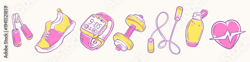 Pink sports equipment set in hand drawn line art. Minimalist vector of sneaker, fitness tracker, expander and dumbbell. Icons of smart watch, jump rope, water bottle and heart with pulse for gym
