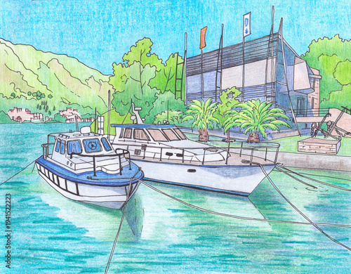 Colored pencil drawing of small harbor with boats, palm trees and modern building near mountains. Naive travel style illustration suitable for educational and creative projects.
